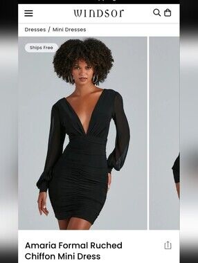 NWT Windsor Black Deep V Ruched Mini Dress
